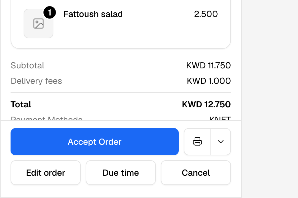 An open order with its buttons