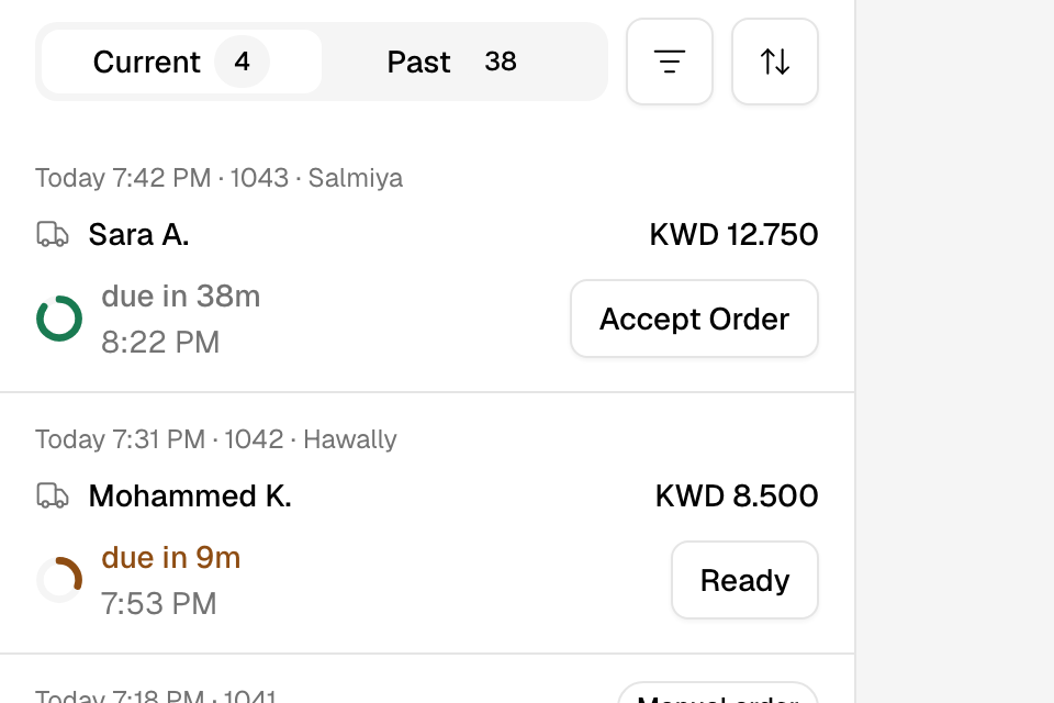 The Orders tab with the next step on each row