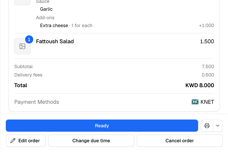 An order with its next-step button and print options