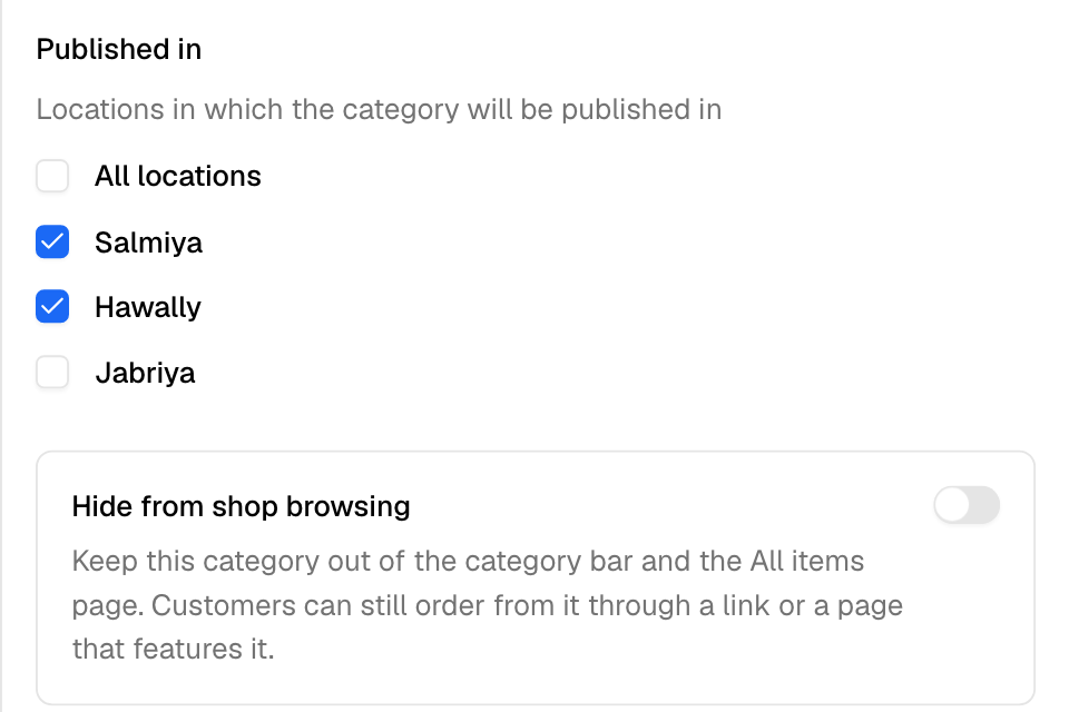 A category's branches and the Hide from shop browsing switch