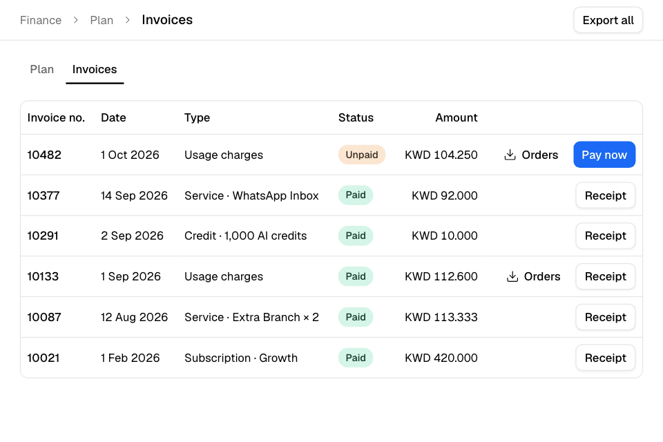 Invoices: each bill with its type, status and amount
