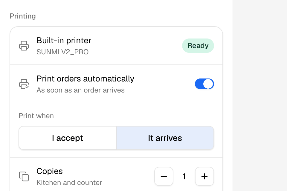 Printing settings on a Sunmi device