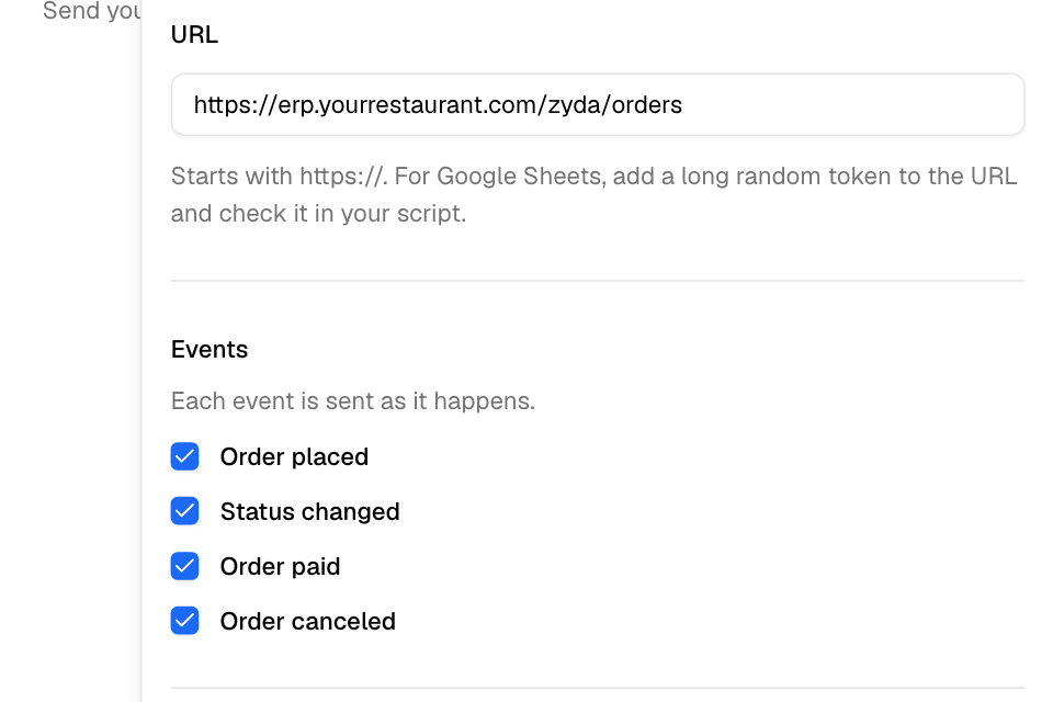 Adding a webhook: the URL and the events to send