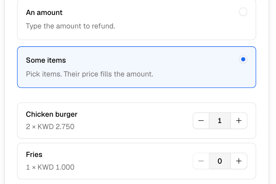 Refunding some items: choose how many of each