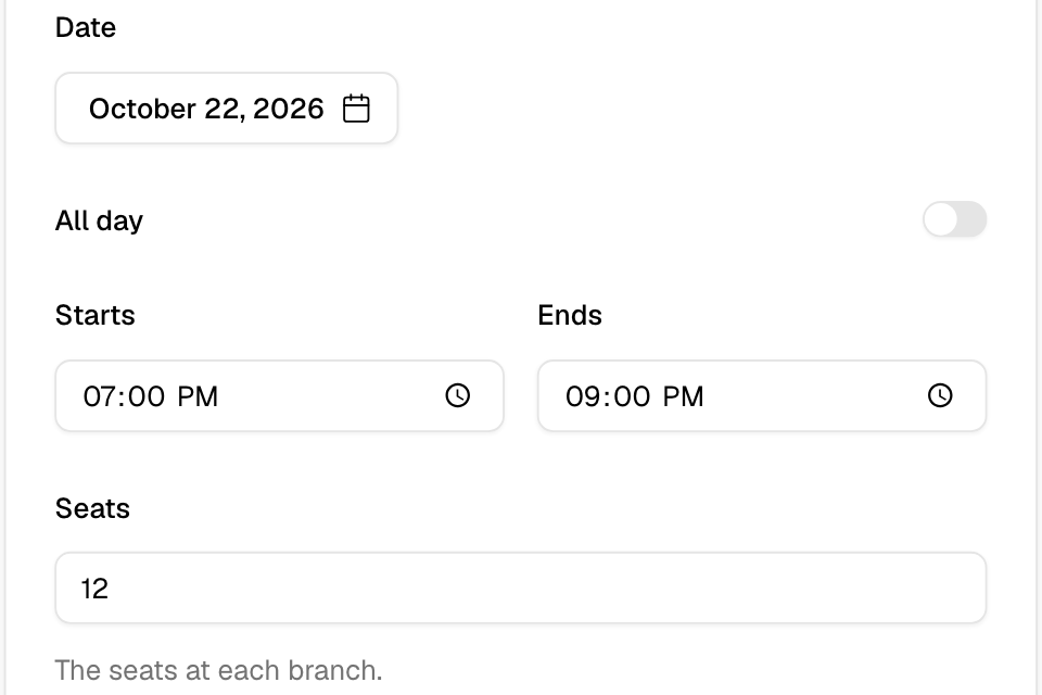 A new slot with its date, times and seats at each branch