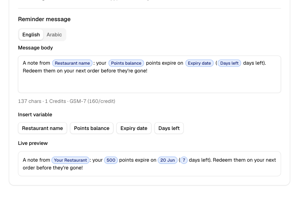 The reminder message editor with variables and a live preview