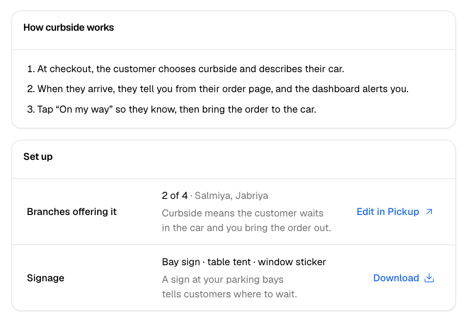 The Curbside page: how curbside works and its set-up rows