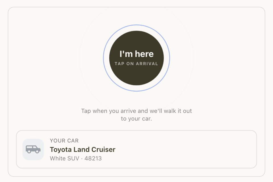 The customer's order page with the I'm here button and their car