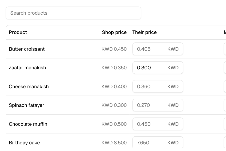 A price list with a discount on all products and one typed price