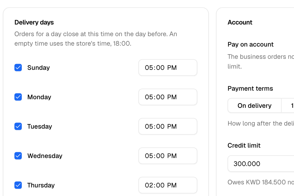 The Delivery days card of a business