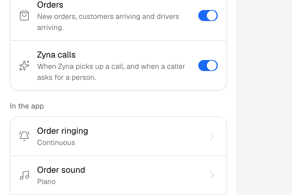 The Notifications page in Settings