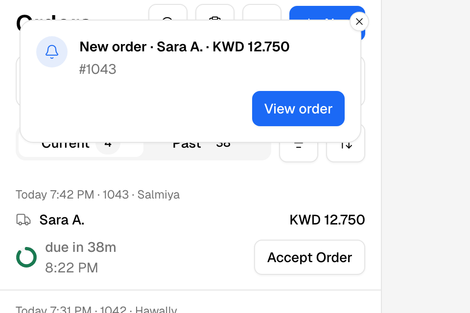 The new-order card at the top of the app