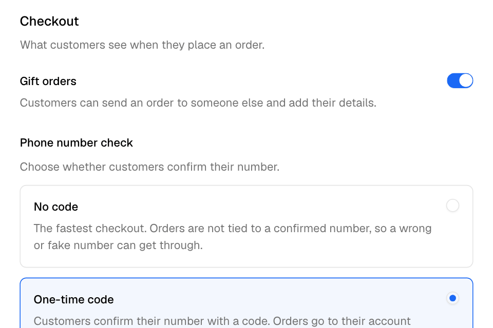The Checkout options: gift orders and the phone number check