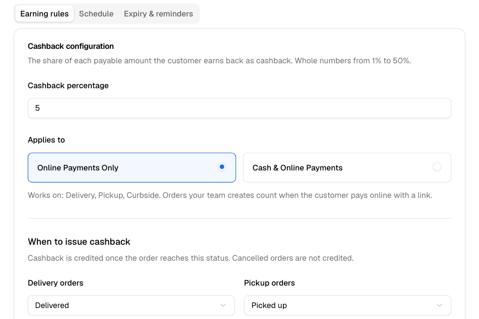 Cashback earning rules with the percentage and payment types