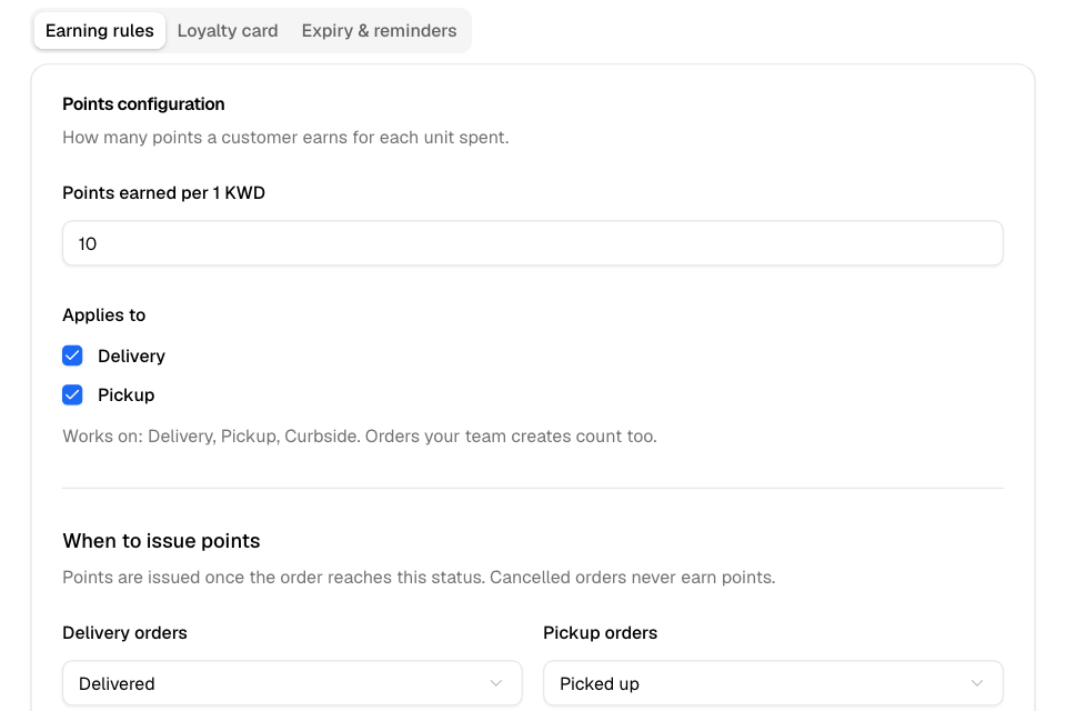 The Earning rules tab of a points program