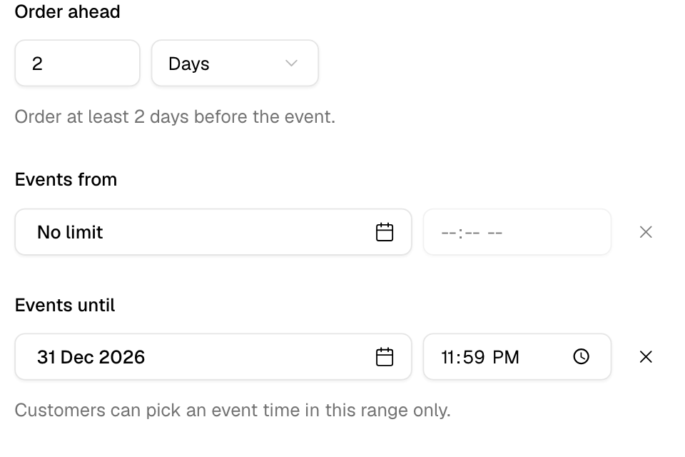 Order ahead and event dates on an item
