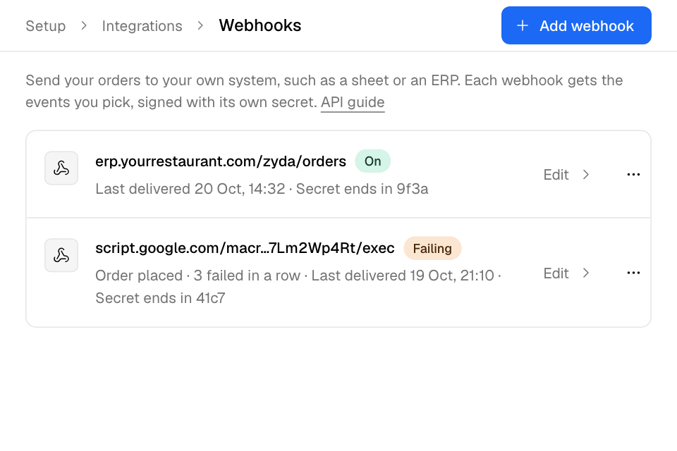 The Webhooks page with two webhooks