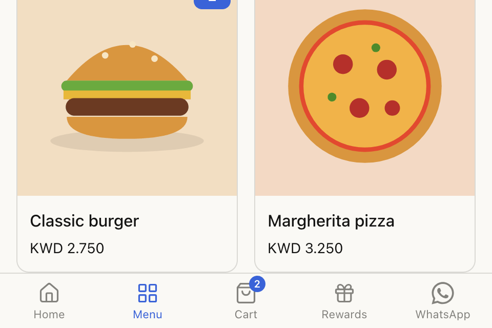 On a phone: the bottom bar with Home, Menu, Cart, Rewards and WhatsApp