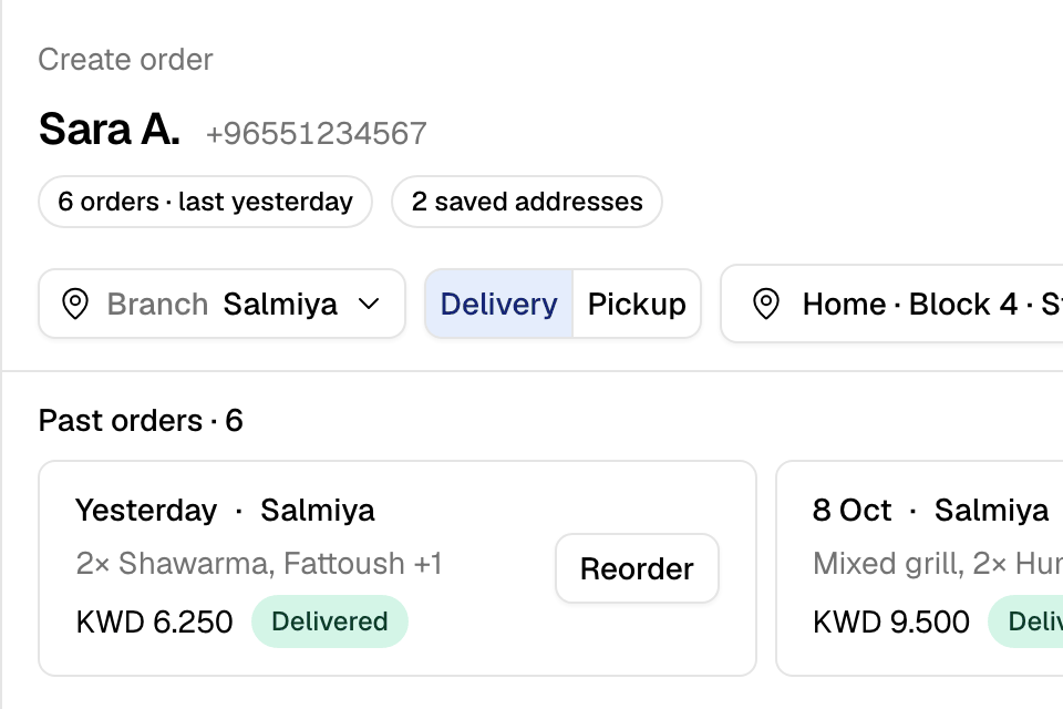 The order screen: the customer, their past orders and Reorder