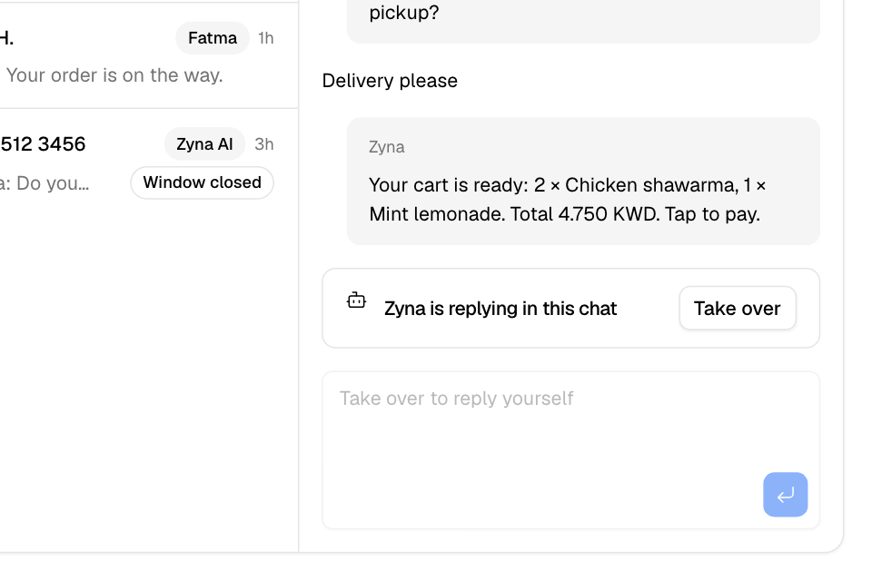 Zyna AI is replying. Select Take over to reply yourself