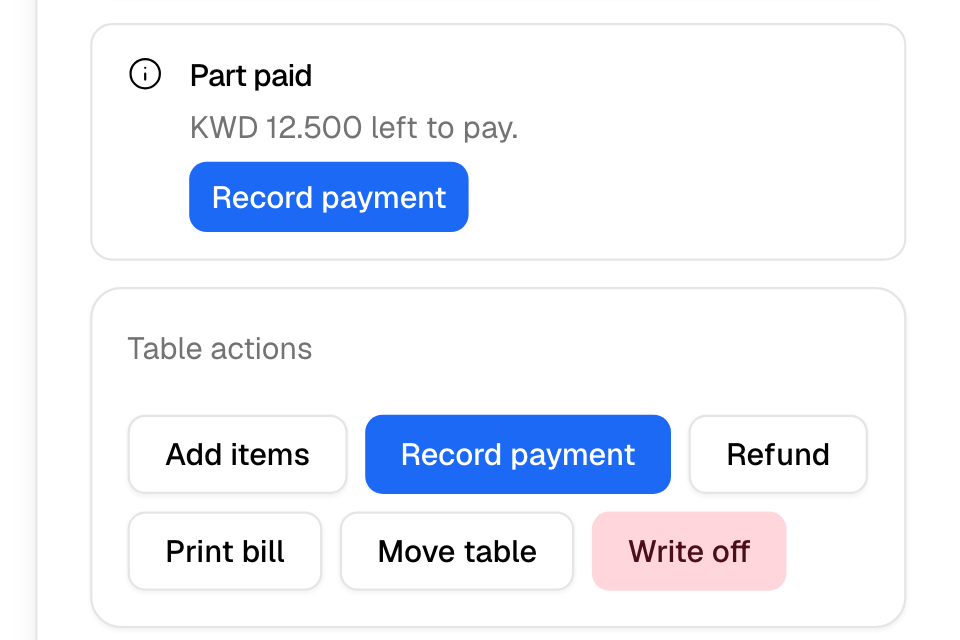 A part-paid table with Record payment and the table actions