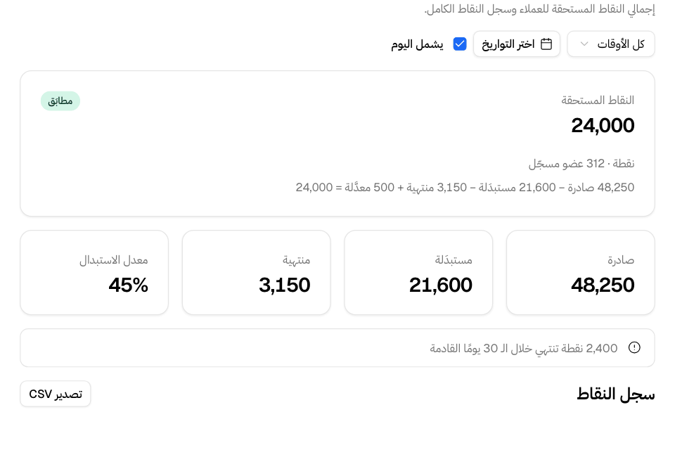 النقاط المستحقة مع سطر المطابقة