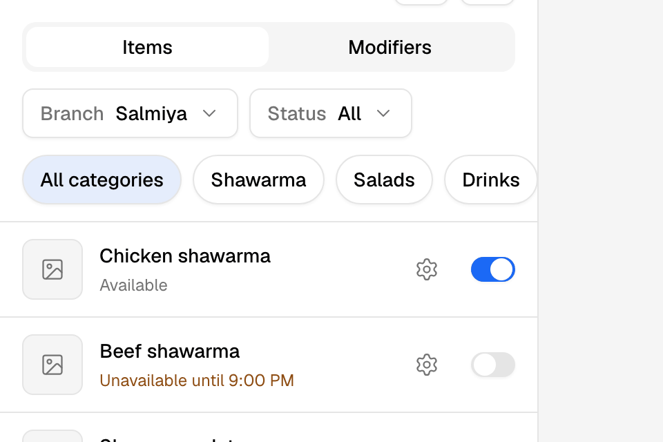 The Menu tab with a switch on each item