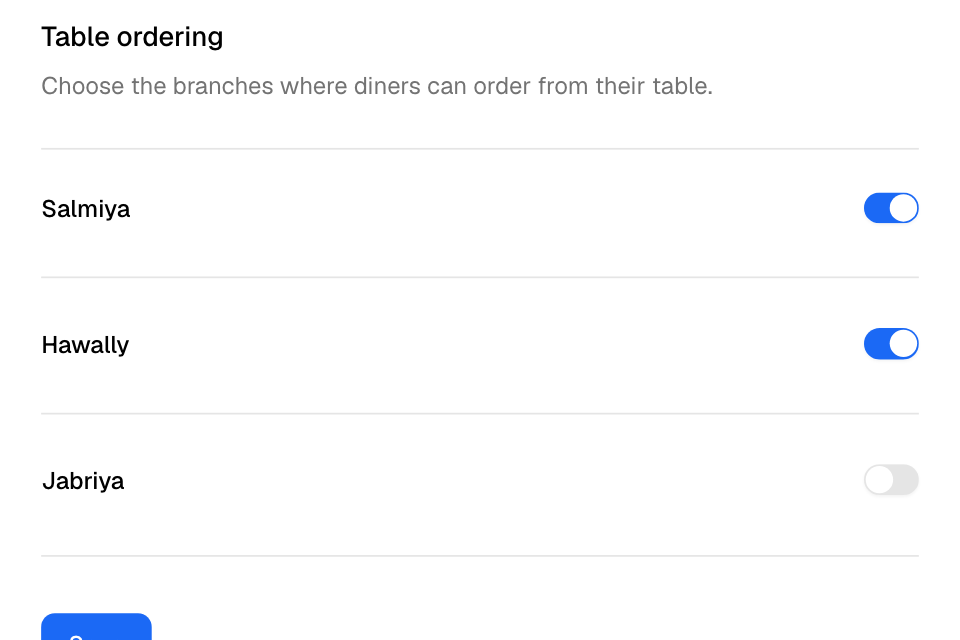 Table ordering in Settings: switch on each branch that takes table orders