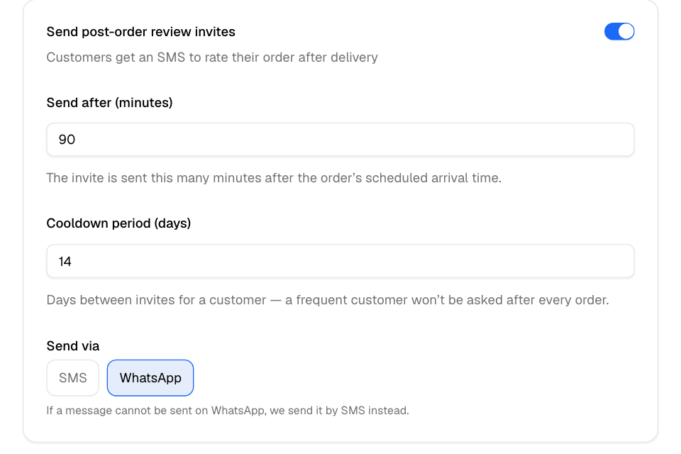 Turn on review invites and choose how they are sent