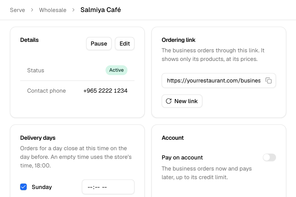 A business's page: its details and its ordering link