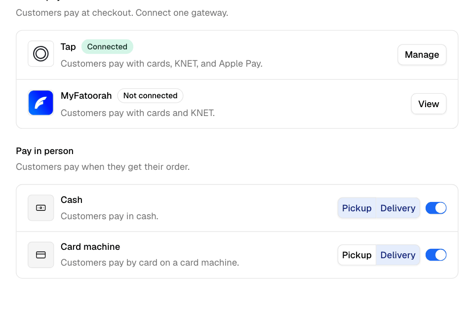 Pay in person: cash and card machine, each offered for pickup and delivery
