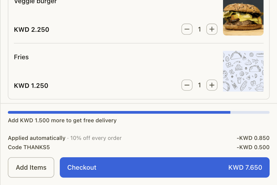 Offers applied in the cart, with a nudge to spend more