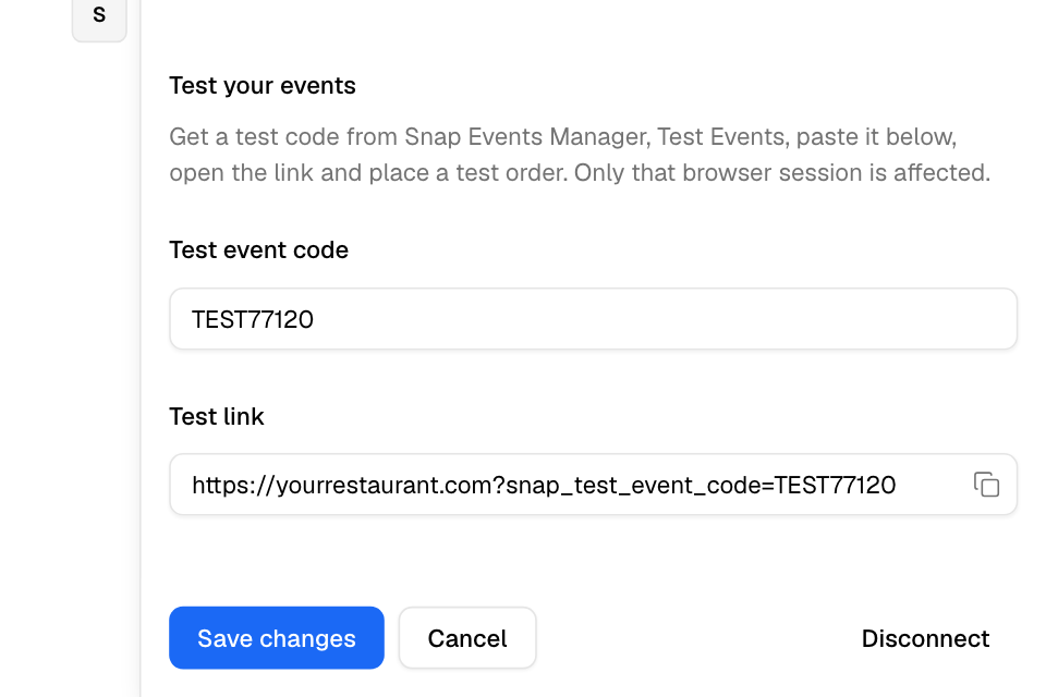 The test link that sends your own visit to the platform's Test Events