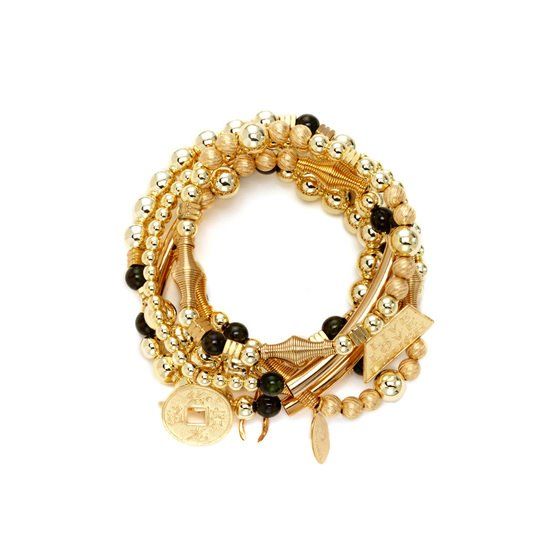 Bee Charming - 6 Strand Solid Bead Bracelet - Gold Green