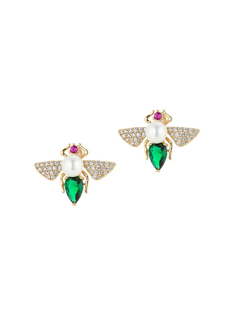 Eye Candy LA - Luxe Bee 18K Goldplated, Faux Pearl & Multicolored Crystal Stud Earrings