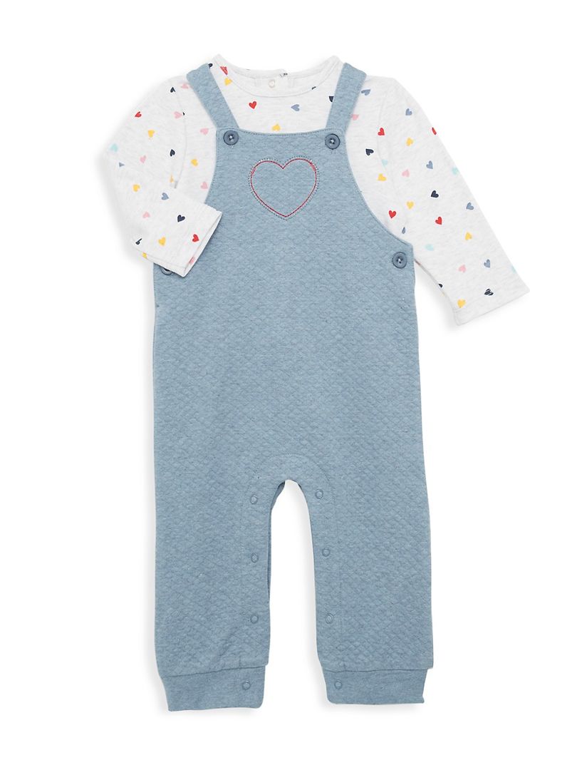 Baby Girl's 2PCS Heart Top & Cotton-Blend Overalls Set
