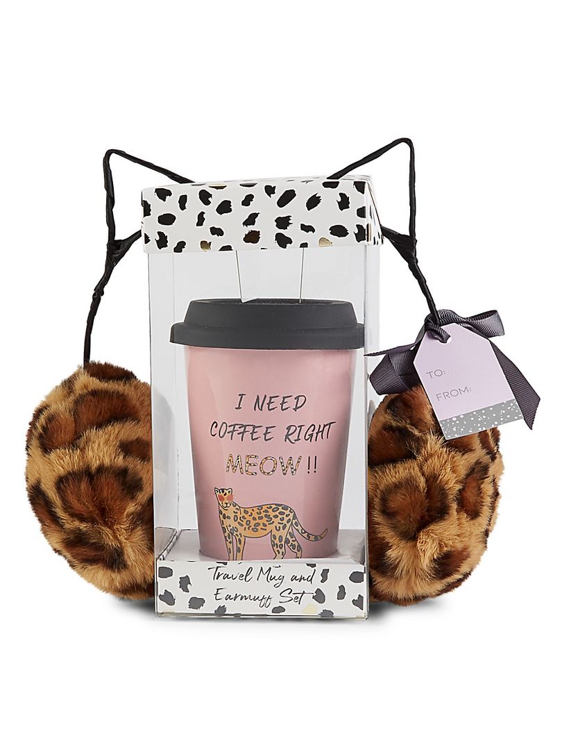 Gift Set Travel Mug & Leopard-Print Faux Fur Earmuffs