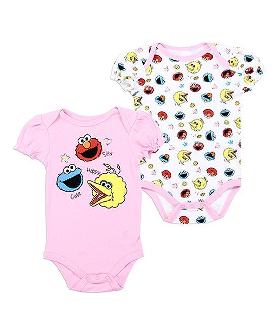 Sesame Street Pink & White Bodysuit - Set of 2