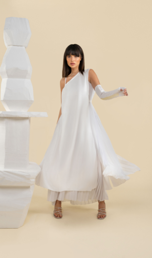 Pleated one shoulder kaftan