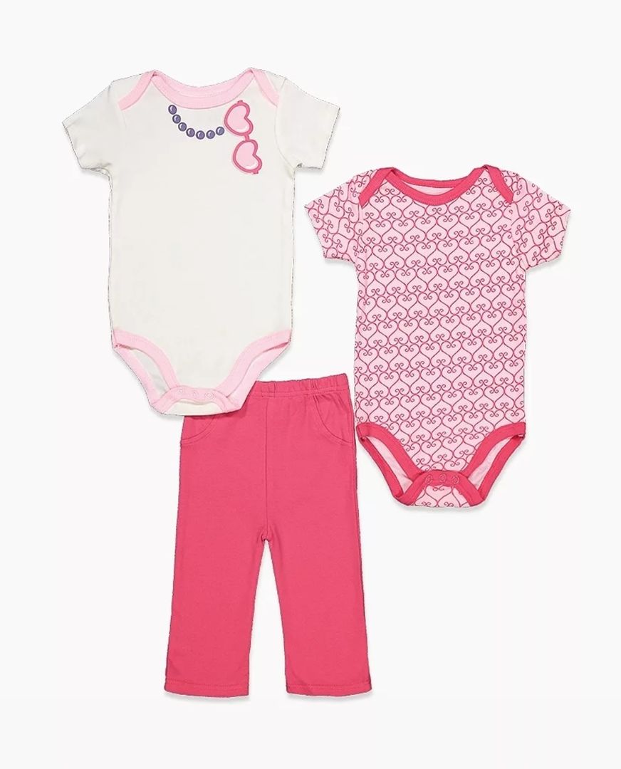 Baby Girl's 3PCS Bodysuit & Pants Set - Heart Sunglasses