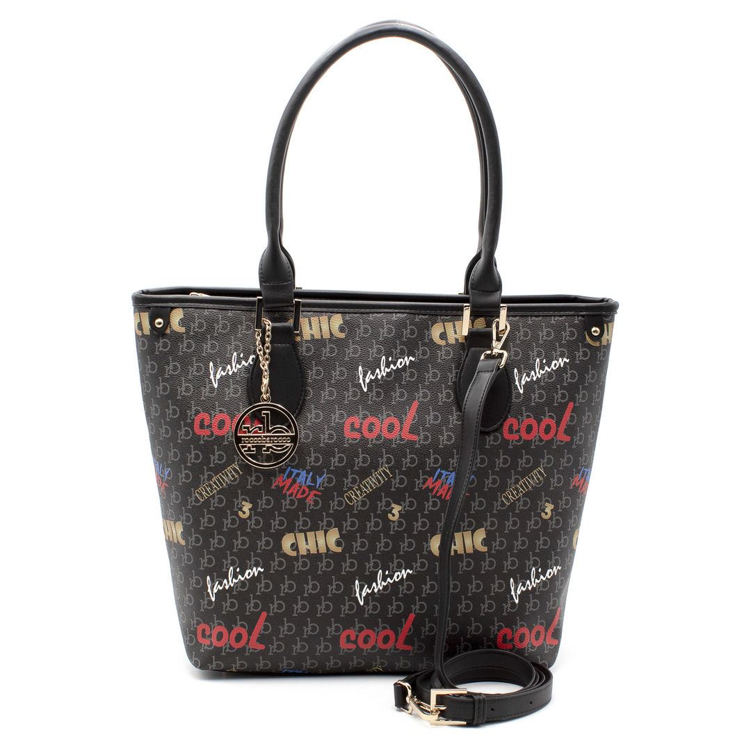 Roccobarocco - Allover Print Shopper Bag With Strap - Black