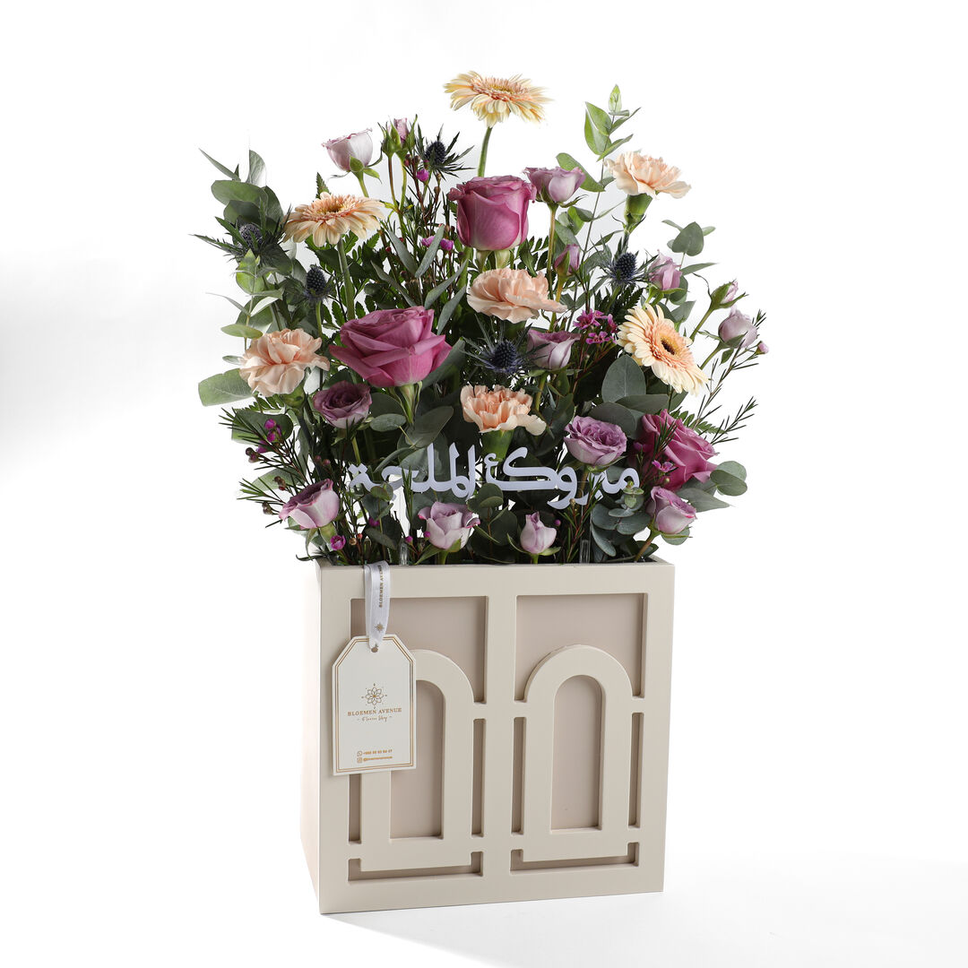Wooden Box, height 60 cm, width 26 cm, with a Purple and Peach flowers with mbrok melga T37