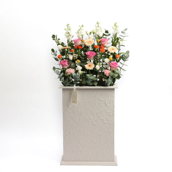 Wooden Box, height 120cm, width 45cm, with a Mix flowers(Peach.Orange.Pink) T38