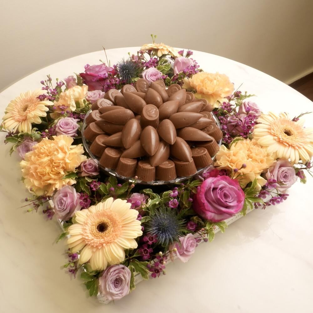 Acrylic tray with purple and peach flowers and chocolate ch 10