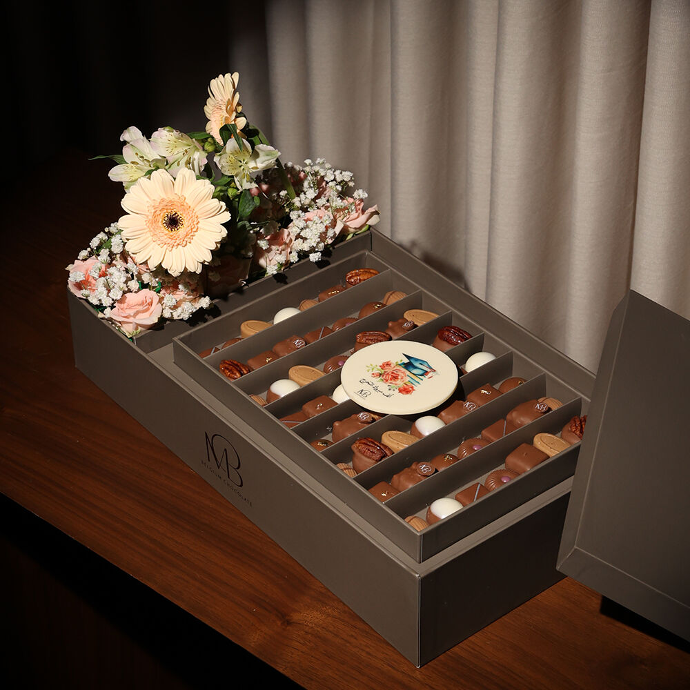 Chocolate box with natural roses Graduation (gray color)