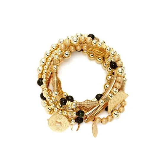 Bee Charming - 6 Strand Solid Bead Bracelet - Gold Green