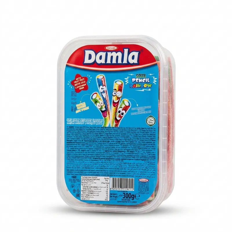 Tayas Damla Turkish Sour Rainbow Pencil Liquorice with Fruit Flavor 300gr