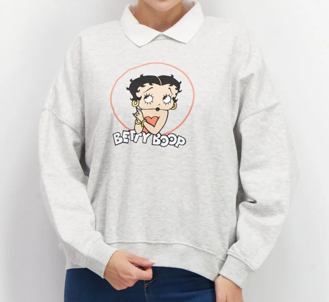 Betty Boop Spread-Neck Heather Sweatshirt - Light Grey