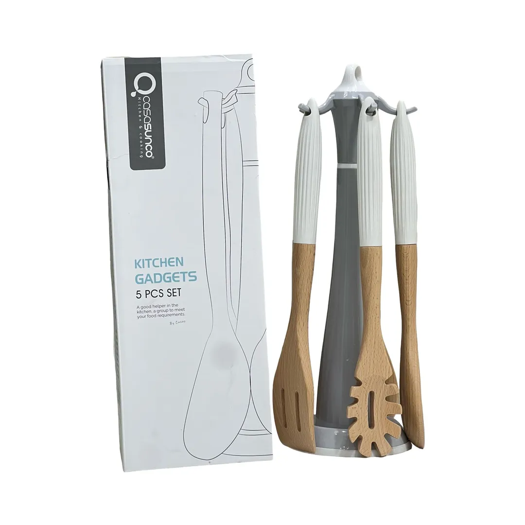 طقم ملاعق خشب 5 قطعة مع ستاند ابيض SK-8026