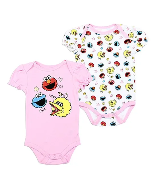 Sesame Street Pink & White Bodysuit - Set of 2